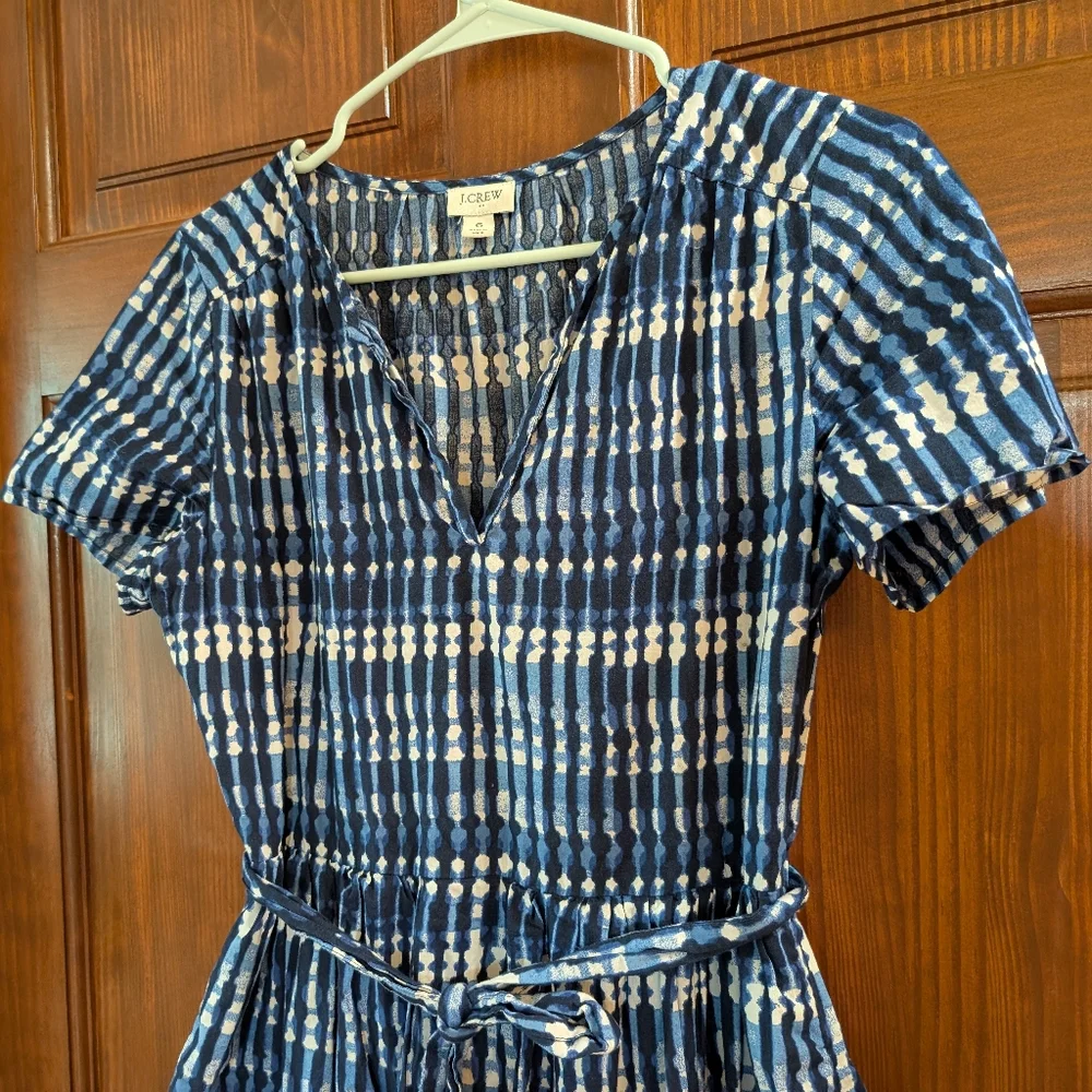 J Crew Factory Tie Dye Blue White Tiered Midi Dress 100% Cotton Pocket Sz 6 Belt - Picture 4 of 16